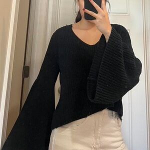 Free People Black V-Neck Sweater with Bell Sleeves